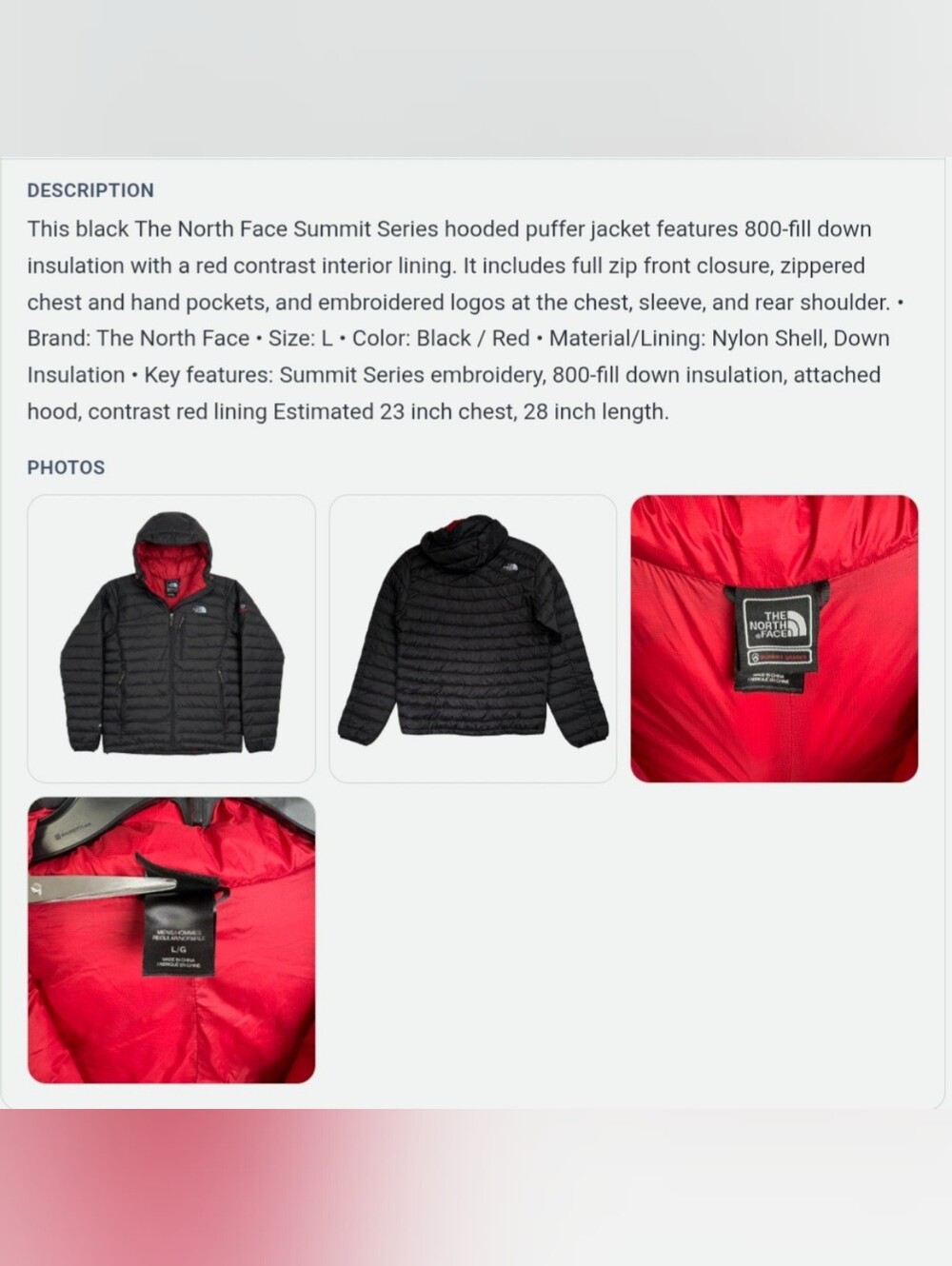 The North Face Summit Series 800 Down Black Hooded Puffer Jacket. - Picture 5 of 7